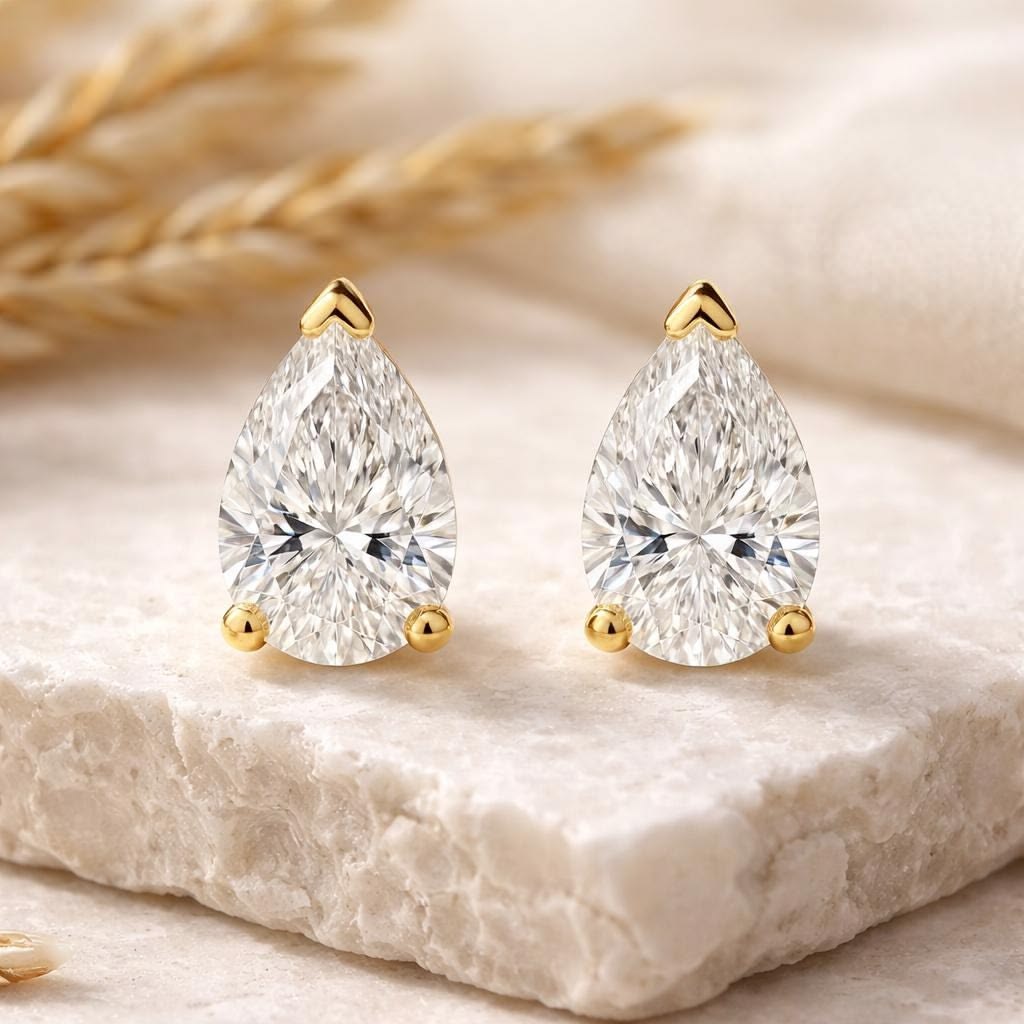 2CT Pear Lab Diamond Stud Earrings 14K Solid Gold, Solitaire Studs