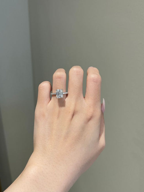 4 Carat Emerald Cut  4-Prong Hidden Halo Pavé Engagement Ring