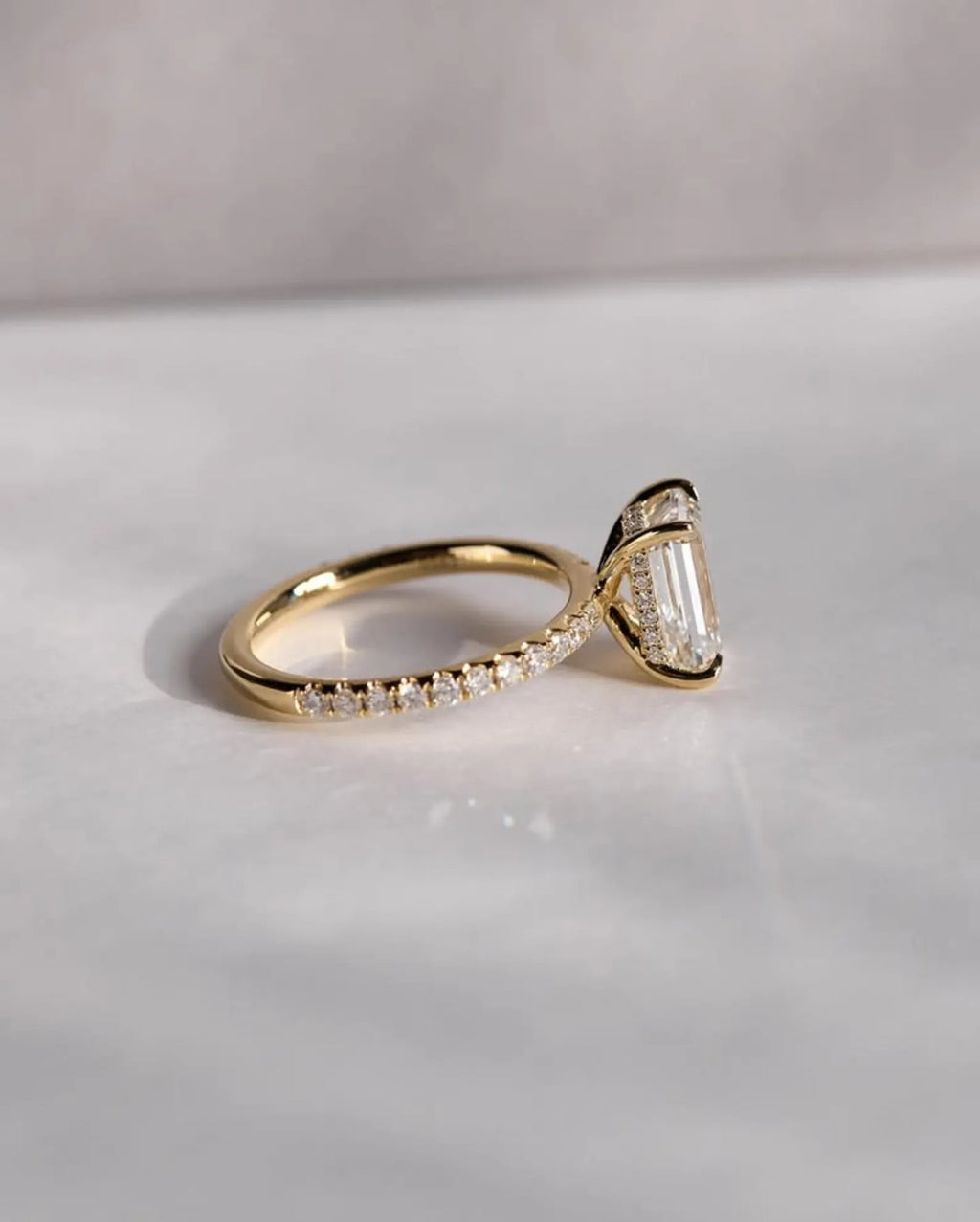 Lab Grown Emerald Cut Ring Solid Gold Hidden Halo Pavé Band