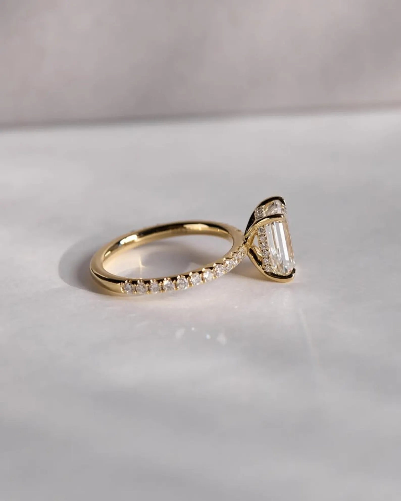 Lab Grown Emerald Cut Ring Solid Gold Hidden Halo Pavé Band