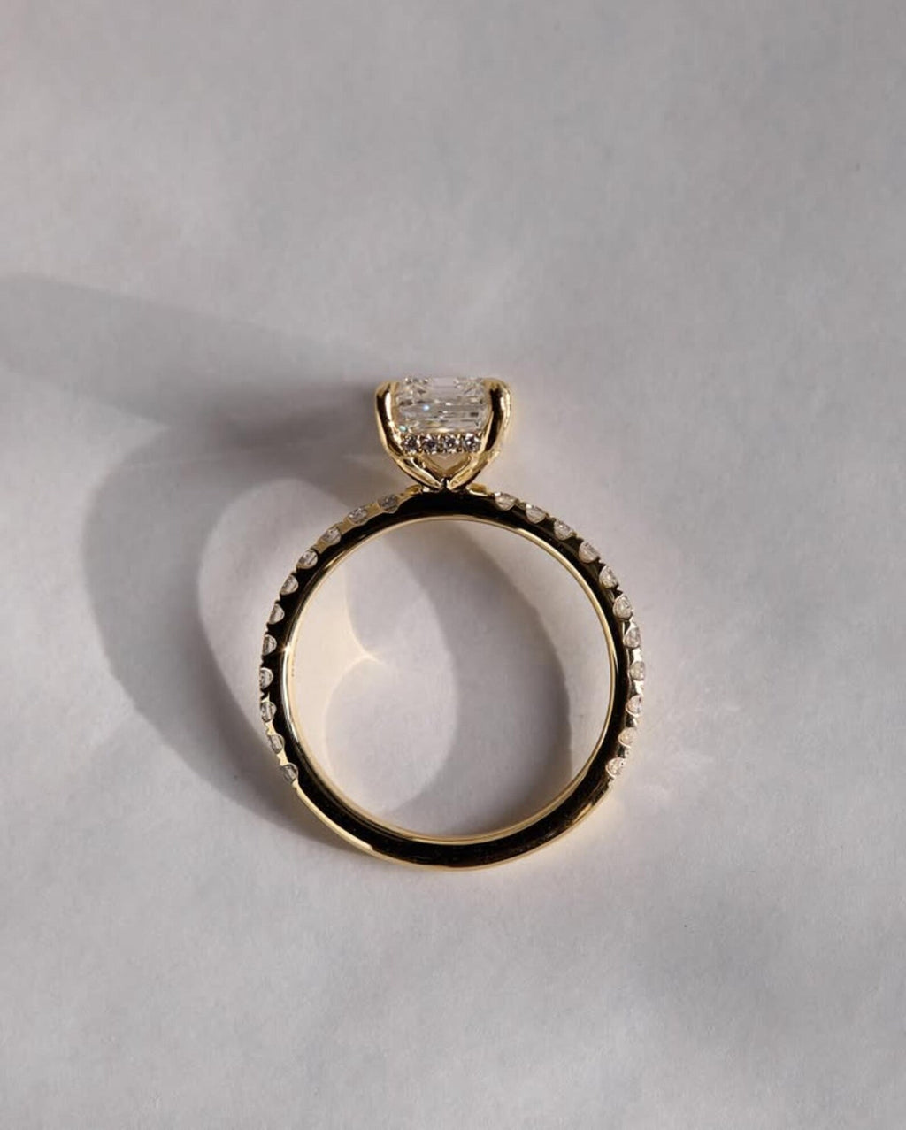 Lab Grown Emerald Cut Ring Solid Gold Hidden Halo Pavé Band