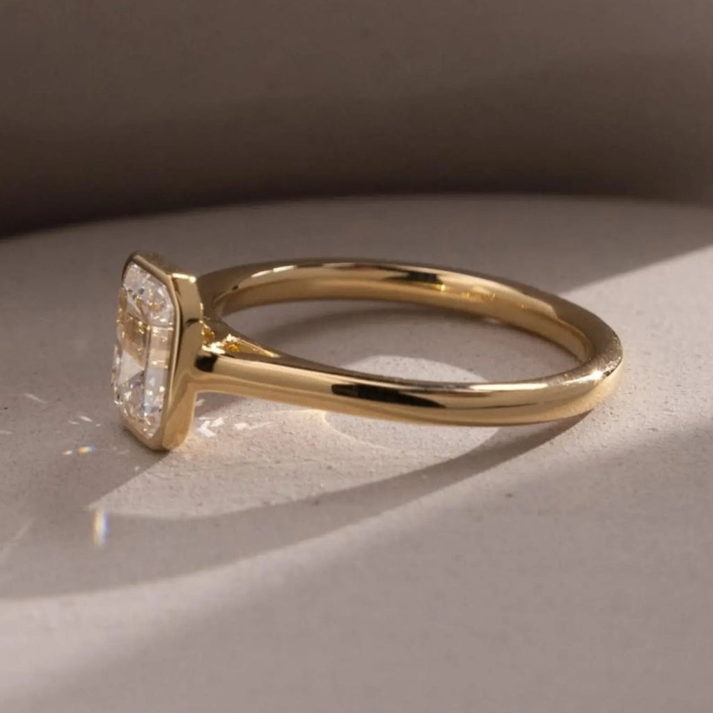 Emerald Cut Lab Grown Diamond Engagement Ring 14k Gold Bezel Solitaire