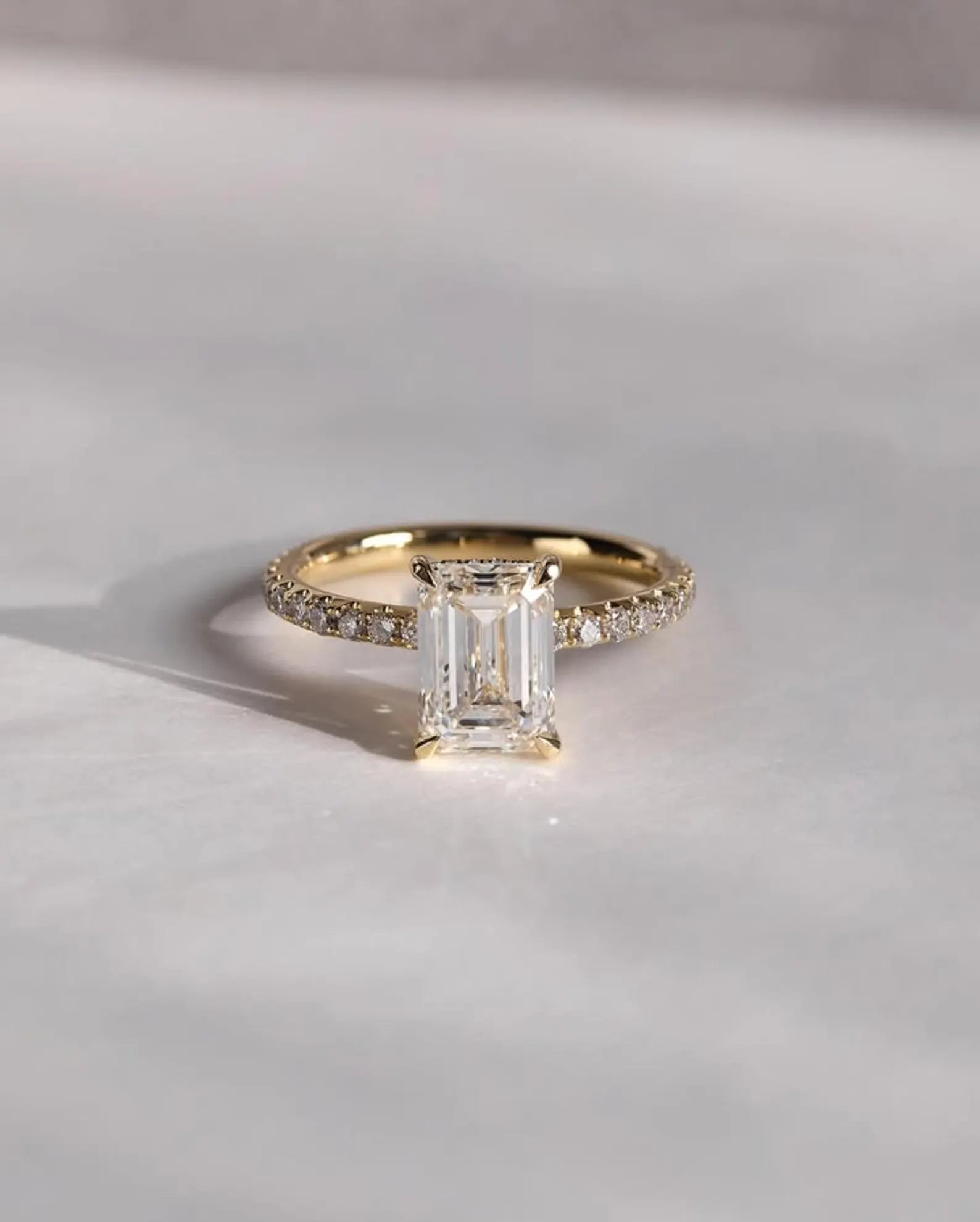 Lab Grown Emerald Cut Ring Solid Gold Hidden Halo Pavé Band