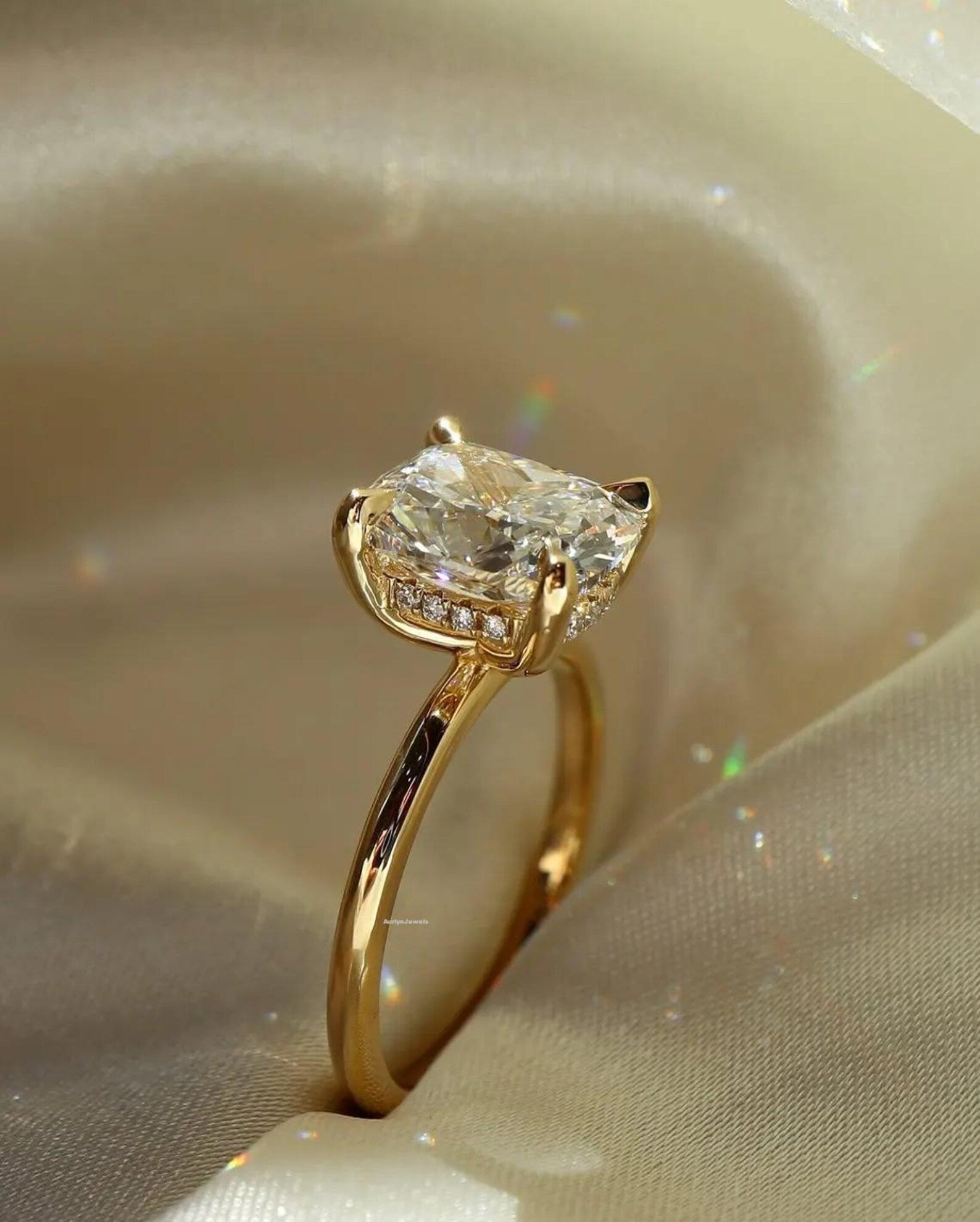 2 Carat Cushion Cut Diamond Ring 14KYellowGold HiddenHalo