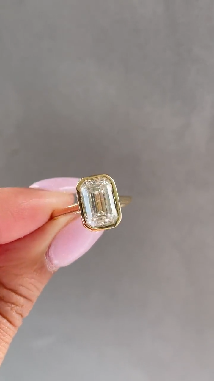 Emerald Cut Lab Grown Diamond Engagement Ring 14k Gold Bezel Solitaire